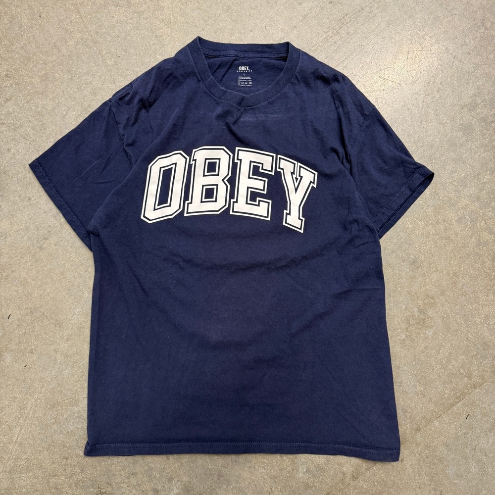Obey Worldwide Mens Graphic T-Shirt Navyβ Blue Collegiate Logo Cotton Large